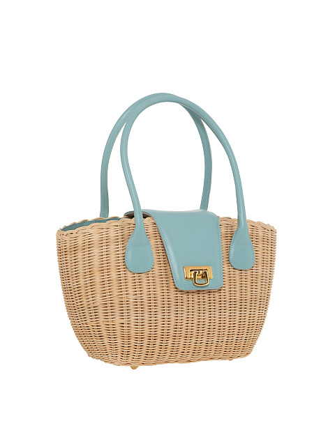 Соломенная сумка-тоут с отделкой из кожи мятного цвета, 2 Соломенная сумка-тоут с отделкой из кожи мятного цвета, 2