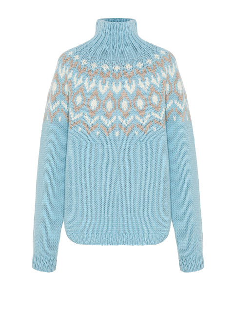 Голубой вязаный свитер из кашемира с узором, 1 Голубой вязаный свитер из кашемира с узором, 1
