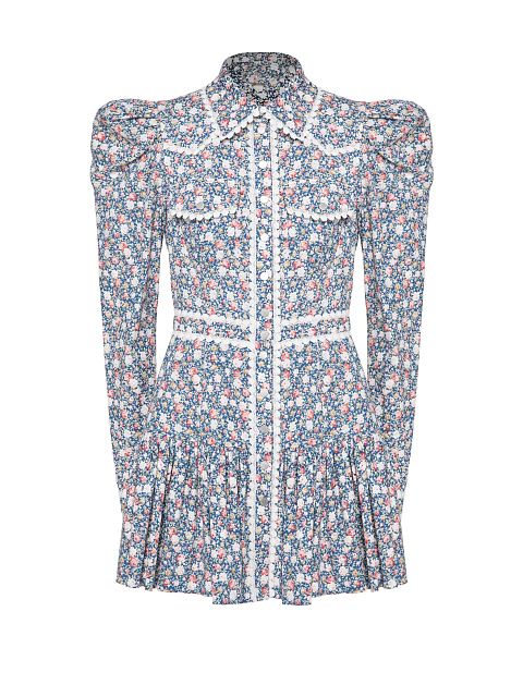 Синее платье-мини из хлопка с розовым цветочным принтом, 1