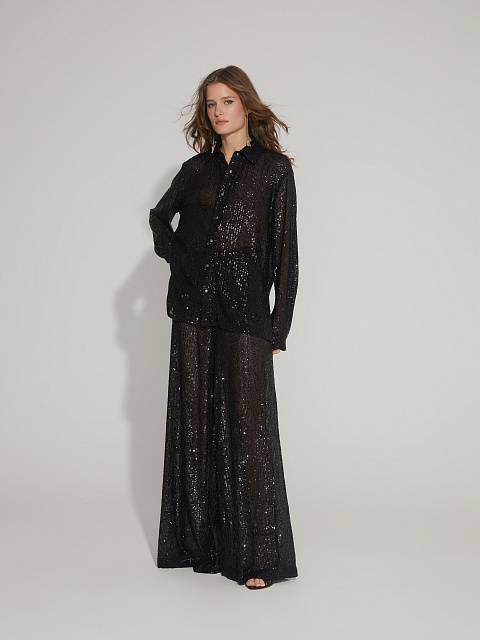 Черный костюм из рубашки и брюк в пайетках, 8