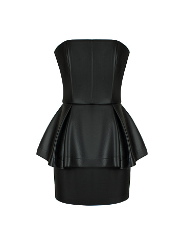 Черное платье-мини из эко-кожи с баской, 1