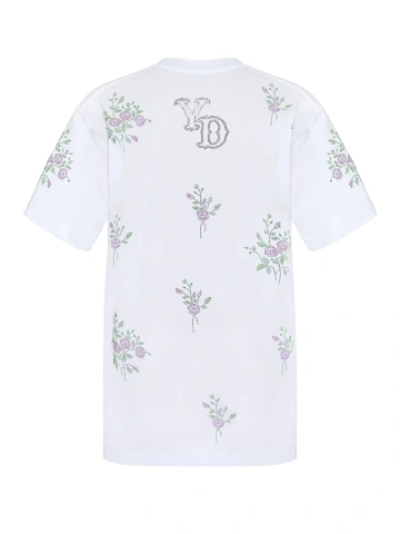 Белая хлопковая футболка с розовыми цветами из страз, 2