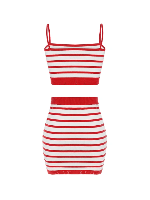 Белый комплект в красную полоску из топа и юбки-мини, 3 Белый комплект в красную полоску из топа и юбки-мини, 3