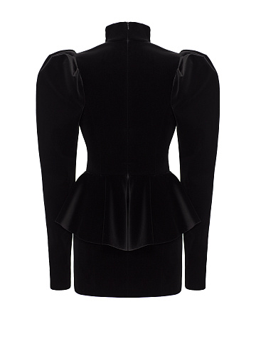 Черное платье-мини из бархата с кружевом и баской, 2