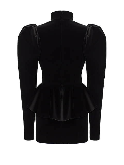 Черное платье-мини из бархата с кружевом и баской, 2