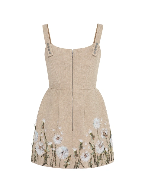 Бежевое платье-мини с объемной цветочной вышивкой, 2