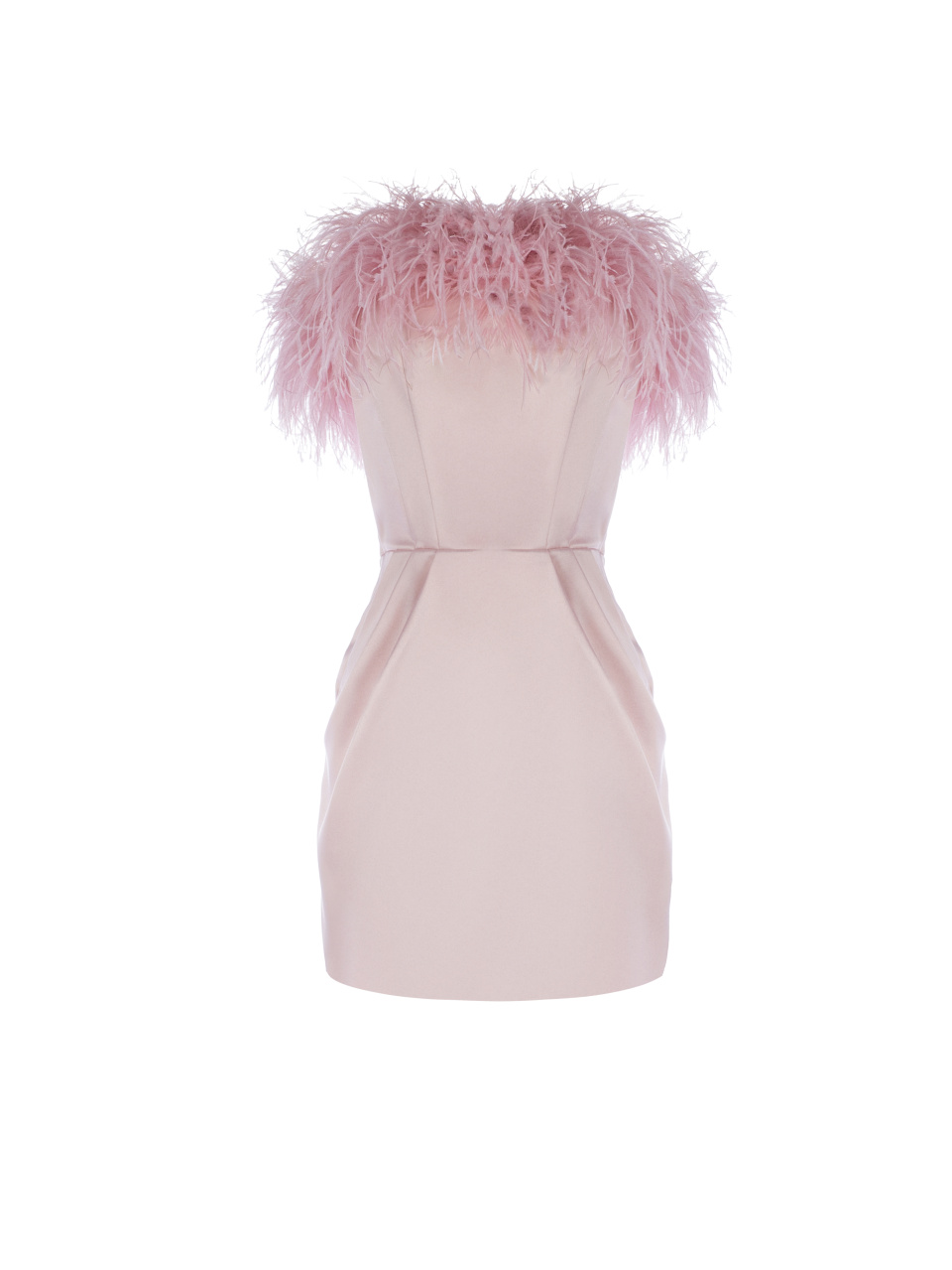 Розовое мини платье-футляр с боа на топе, 1