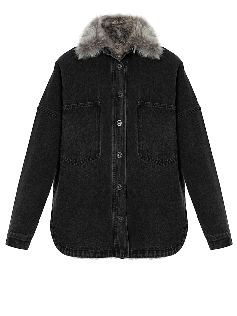 Черная джинсовая куртка с подкладом из овчины и декором на спине, 1