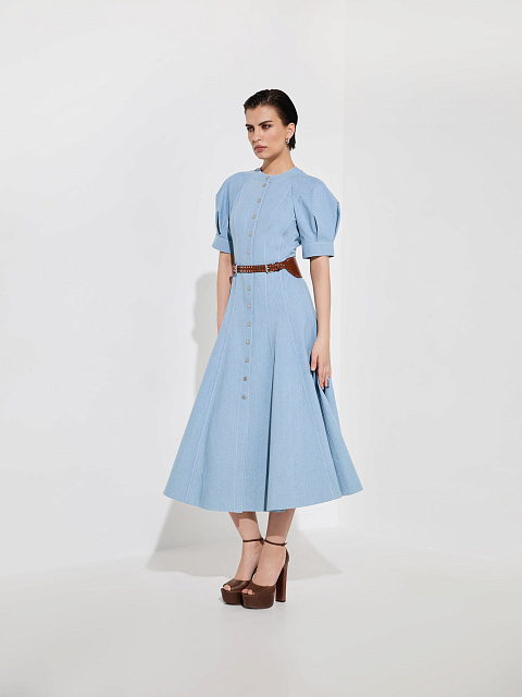 Голубое платье-миди из денима с рукавами-фонариками, 2 Голубое платье-миди из денима с рукавами-фонариками, 2