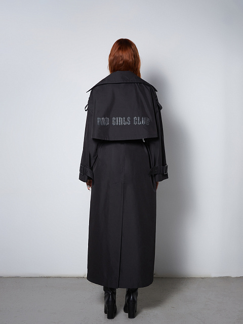 Черный двубортный тренч из хлопка с отделкой из кожи, 6