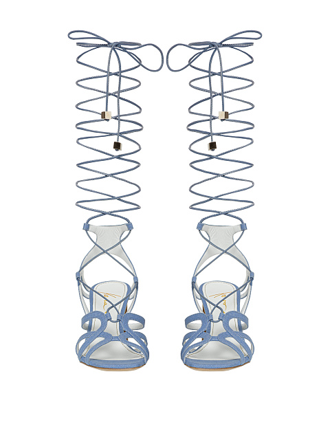 Голубые босоножки из денима на каблуке с длинными завязками, 2 Голубые босоножки из денима на каблуке с длинными завязками, 2
