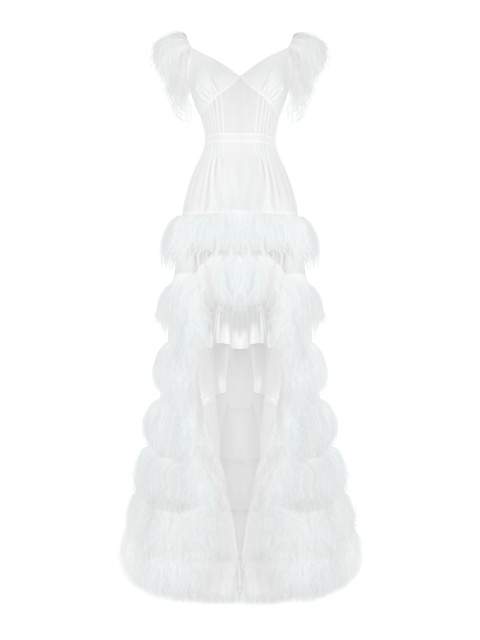 Белое шифоновое платье с отделкой из перьев, 1