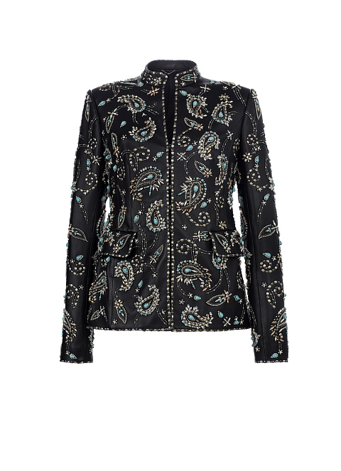Черный кожаный жакет с вышивкой бирюзой и камнями, 1