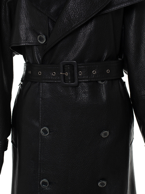 Черный двубортный тренч из фактурной кожи, 9