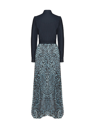 Синее платье-миди с плиссированной леопардовой юбкой, 2