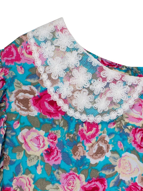 Голубое детское платье с цветочным принтом и кружевным воротником, 3