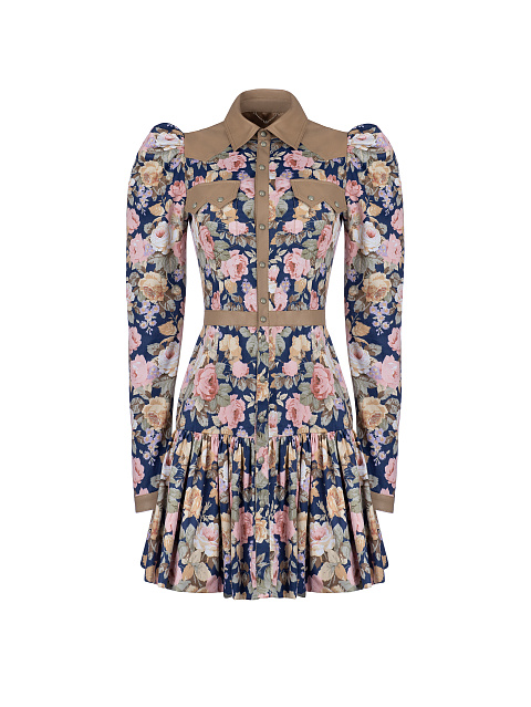 Синее хлопковое платье-мини с цветочным принтом, 1