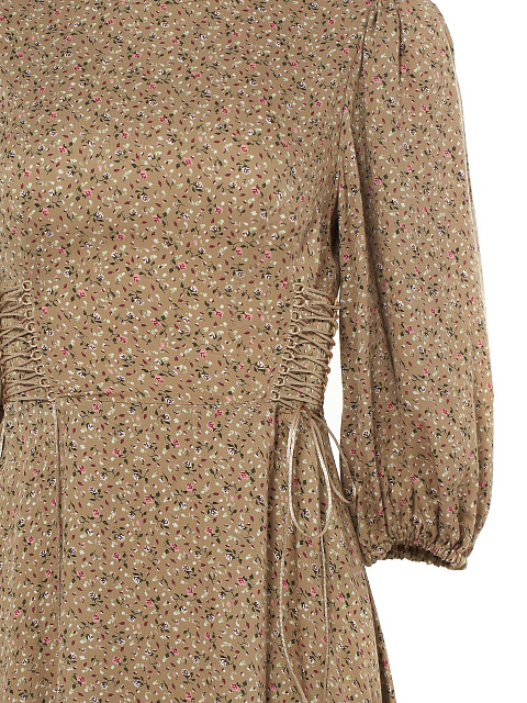 Светло-коричневое платье-мини с цветочным принтом и шнуровкой на талии, 3