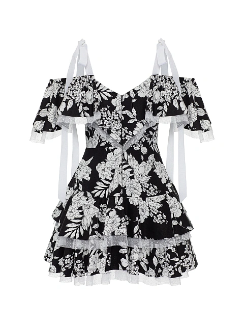 Черное платье-мини из хлопка с белым принтом и кружевом, 2