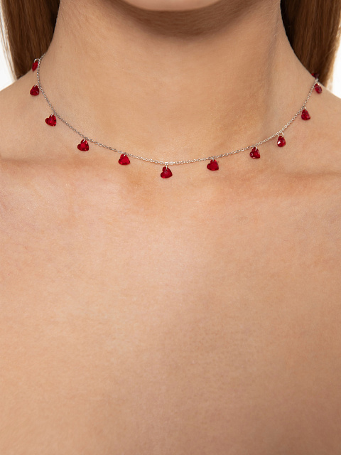 Колье из серебра с красными фианитами в форме сердца, 2 Колье из серебра с красными фианитами в форме сердца, 2