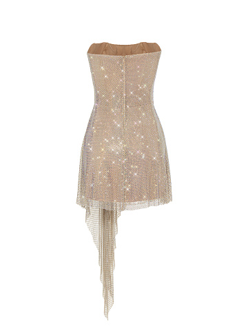 Бежевое платье-мини из сетки со стразами, 2