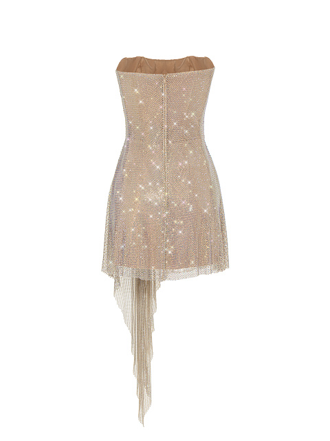Бежевое платье-мини из сетки со стразами, 2
