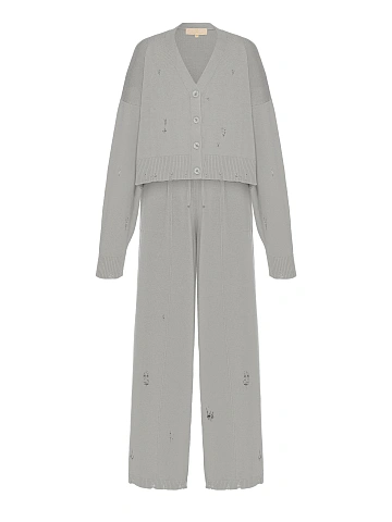 Серый вязаный комплект из кардигана, топа и брюк, 2