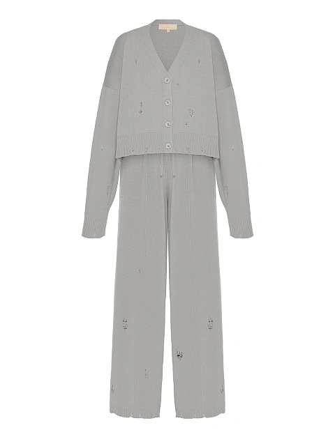 Серый вязаный комплект из кардигана, топа и брюк, 2
