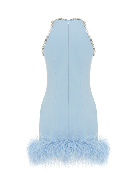 Голубое платье-мини с вырезом-каплей и боа, 2