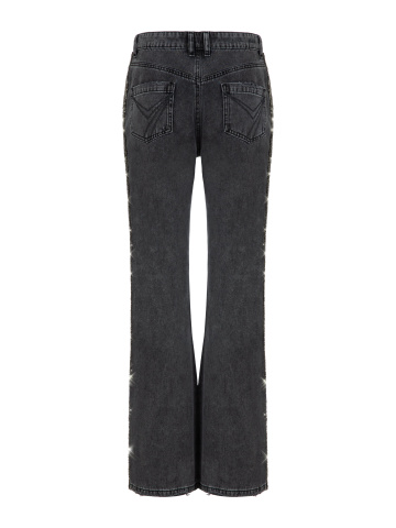 Расклешенные темно-серые джинсы с ручной вышивкой кристаллами, 2