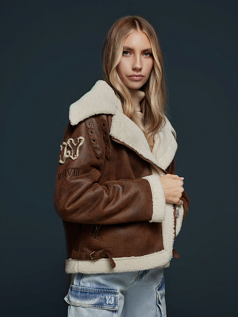 Коричневая укороченная дубленка из эко-меха, 14