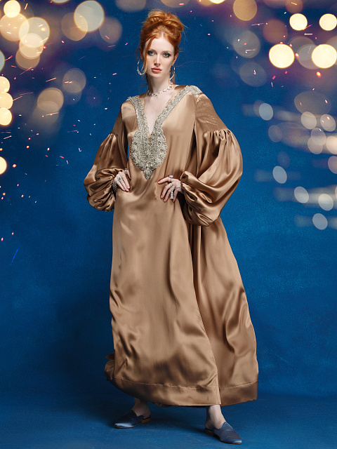 Коричневое платье-миди из шелка с вышивкой, 6