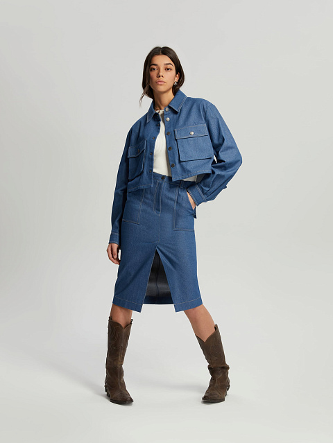 Темно-синий костюм с юбкой-миди из денима, 2