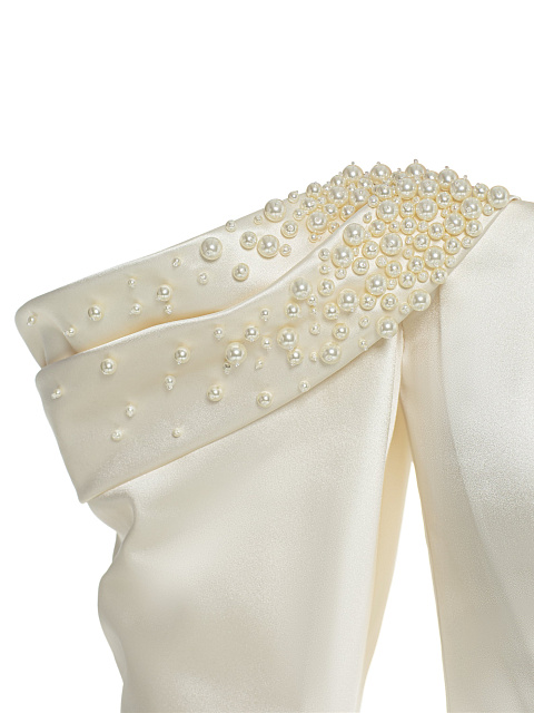 Белое платье-мини из шелка с открытыми плечами и вышивкой, 4