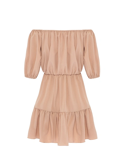 Пудровое платье-мини с открытыми плечами, 2