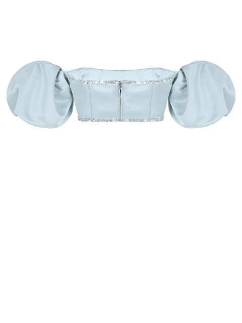 Голубой атласный топ с рукавами-фонариками и стразами, 3