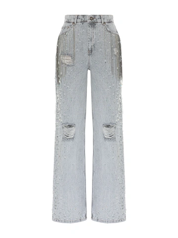 Расклешенные серые джинсы с цепями и стразами, 1