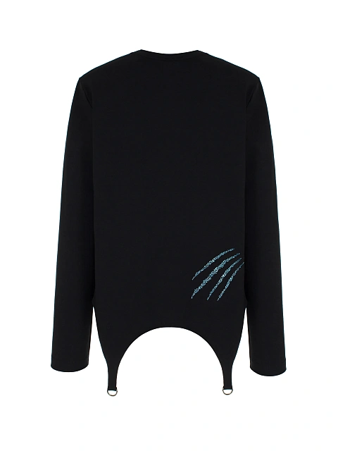 Черный хлопковый лонгслив с фигурным низом и голубыми стразами, 2