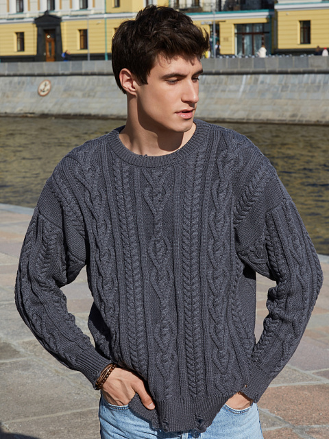 Серый унисекс хлопковый свитер с косами, 8