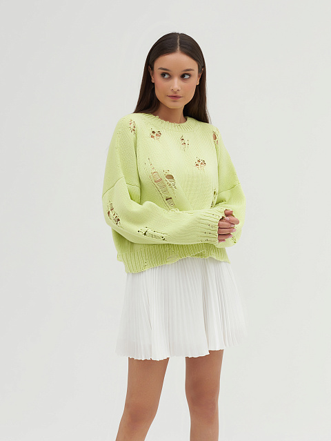 Салатовый укороченный свитер из хлопка с дырками, 4