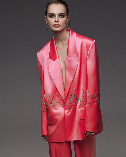 Розовый костюм-двойка из шелка со стразами, 5