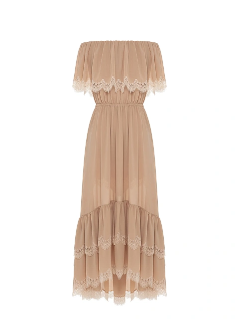Бежевое платье-миди из шифона с кружевом, 1
