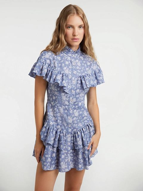 Синее платье-мини из хлопка с цветочным принтом, 2