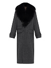 Пальто двубортное из серой шерстяной ткани, карманы-клапаны, съемный воротник из черного меха песца