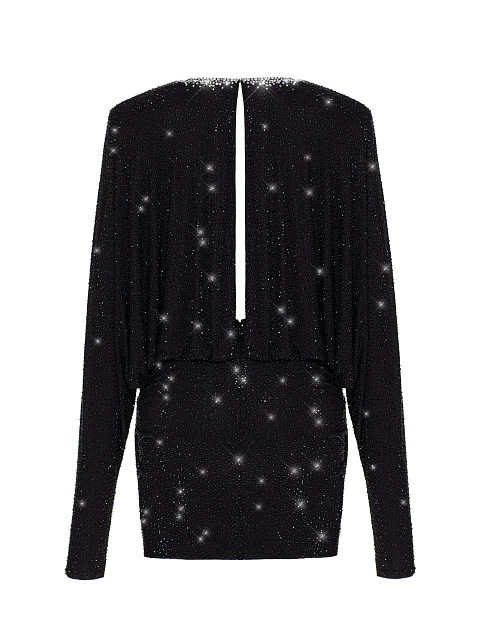 Черное трикотажное платье-мини с V-образным вырезом и стразами, 2