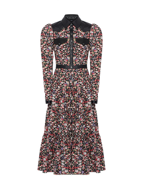 Хлопковое платье-миди с цветочным принтом и отделкой из кожи, 1 Хлопковое платье-миди с цветочным принтом и отделкой из кожи, 1