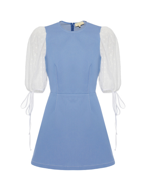 Голубое джинсовое платье-мини с контрастными рукавами, 1