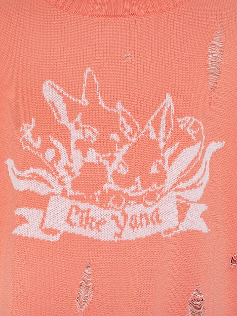 Коралловый свитер из хлопка с принтом и дырками, 3