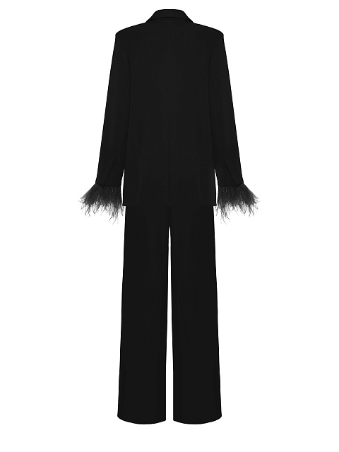 Черный брючный костюм со съемным боа на рукавах, 3