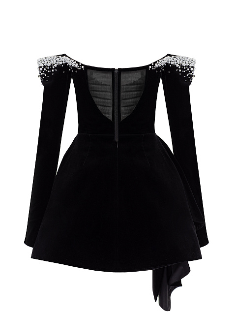 Черное платье-мини из бархата с асимметричной драпировкой, 2